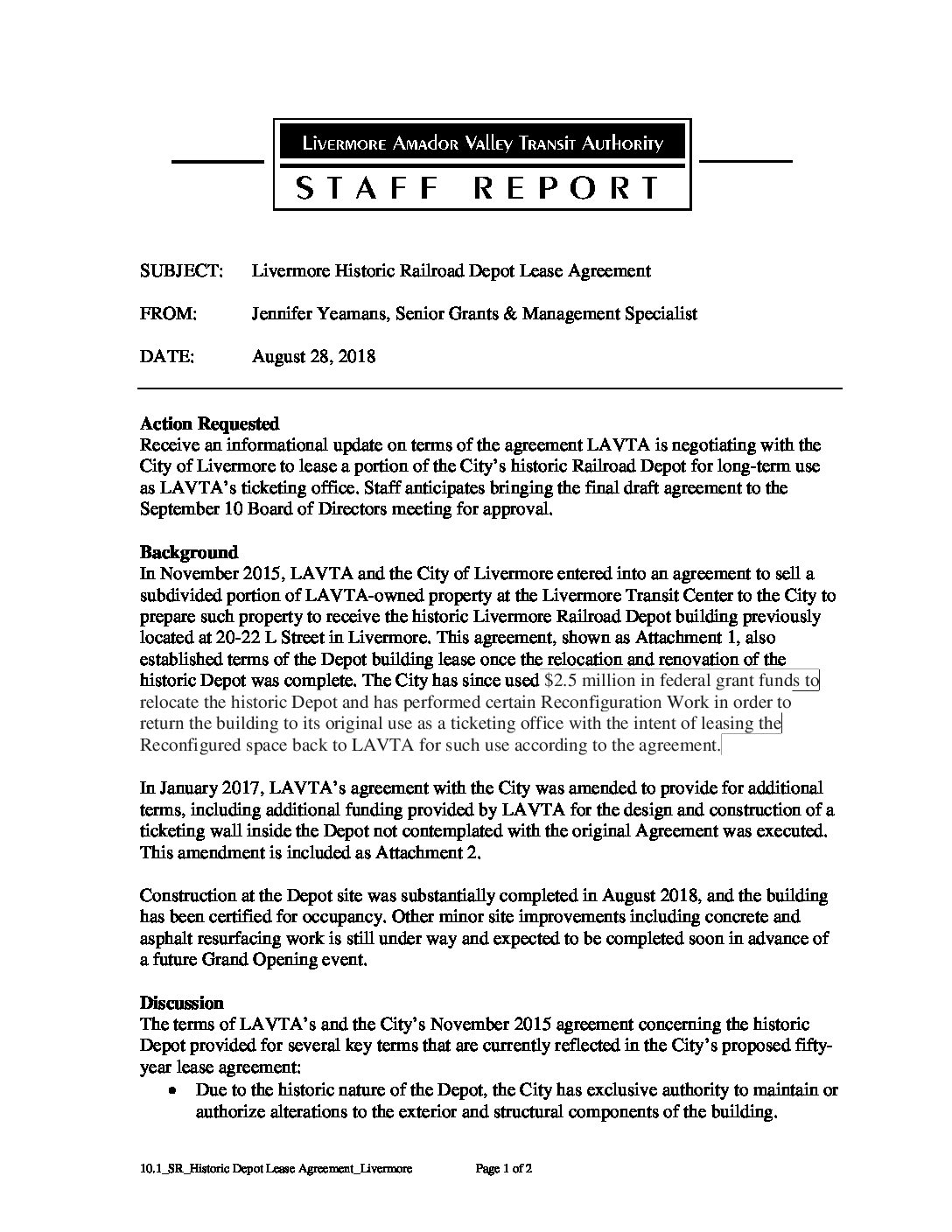10 1 Sr Historic Depot Lease Agreement City Of Livermore